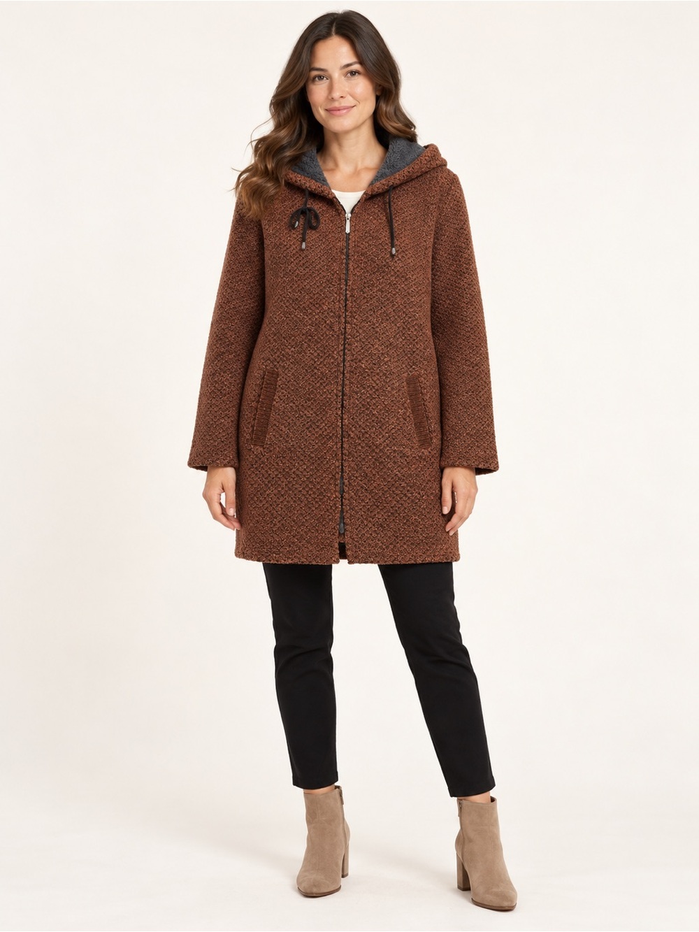Hoooyi Rust Brown Bouclé Hooded Coat Fleece Lined Zip Front Pockets NWT